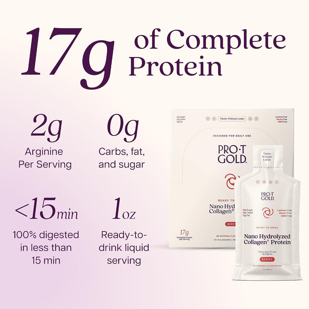 Liquid Collagen Protein Shot, Berry, 17g Protein, 24 pk | Nano Hydrolyzed Grass Fed Collagen, 0g Carbs, Hair, Skin & Nails, Amino Acids, Sugar Free, Gluten Free, 1 fl oz Shots
