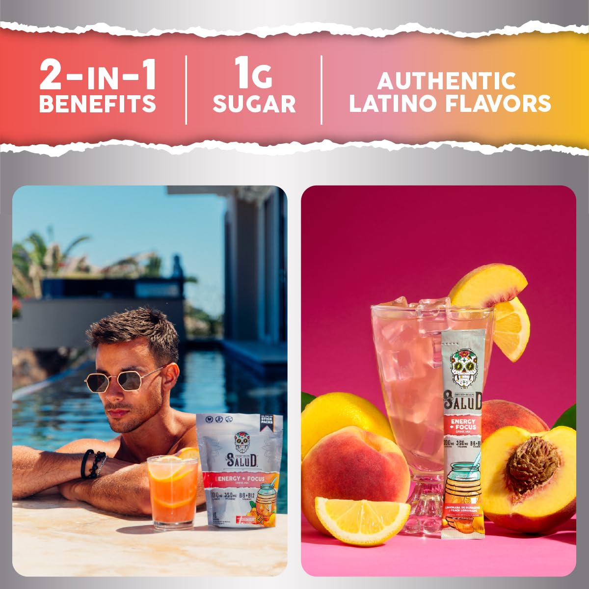 Salud 2-Pack |2-in-1 Energy + Focus (Peach Lemonade) & Energy + Focus (Strawberry Watermelon) – 15 Servings Each, Agua Fresca Drink Mix, Non-GMO, Gluten Free, Vegan, Low Calorie, 1g of Sugar