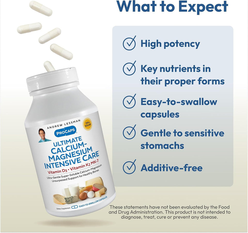ANDREW LESSMAN Ultimate Calcium-Magnesium Intensive Care with Vitamin D3 & K2 MK7-120 mcg - 180 Capsules – Bone and Skeleton Health Essentials. Gentle, Easy to Swallow, Super Soluble. No Additives