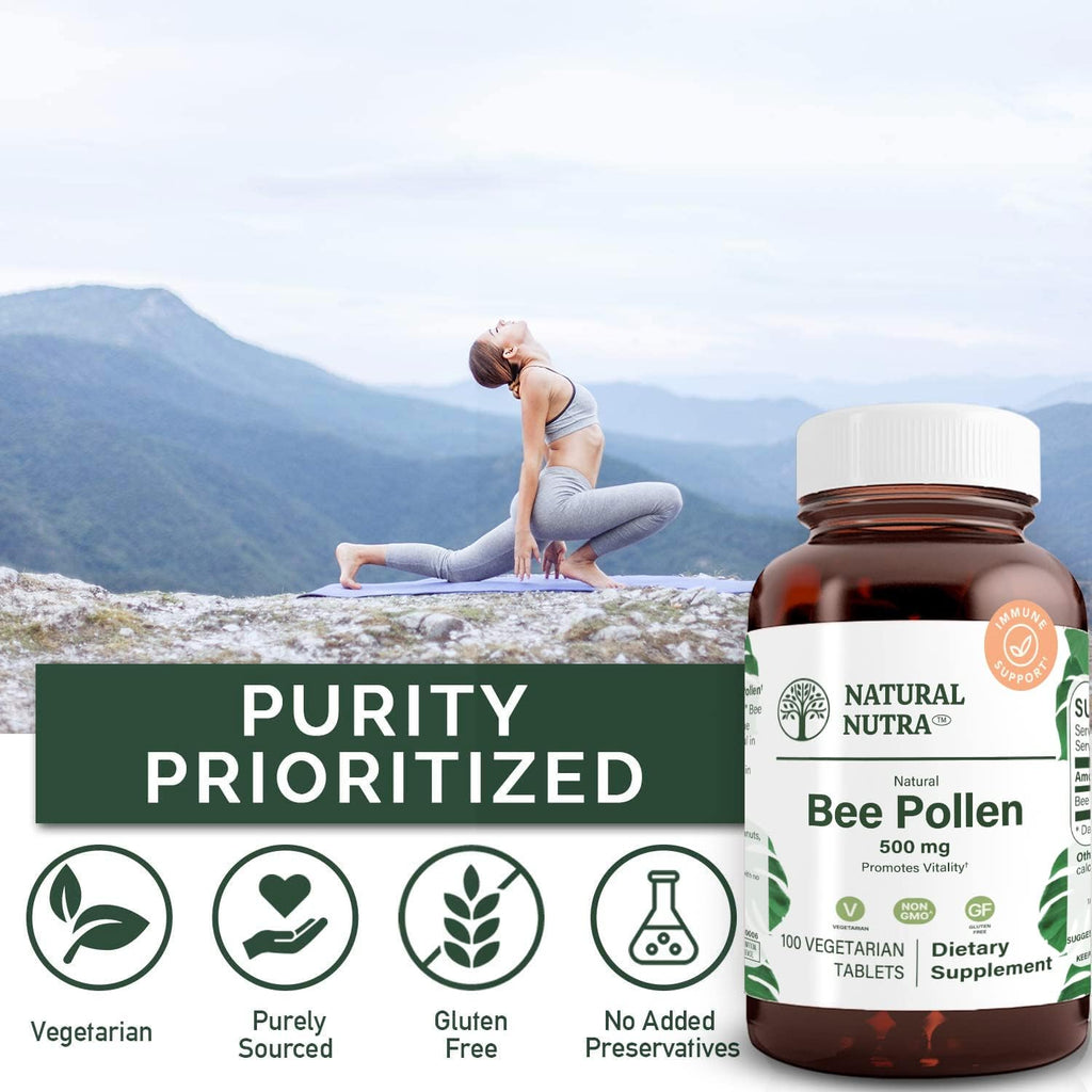 Natural Nutra Bee Pollen 500 mg, Helps Promote Vitality and Immune System, Improve Overall Health, Helps Improve Body Stamina, 100 Tablets