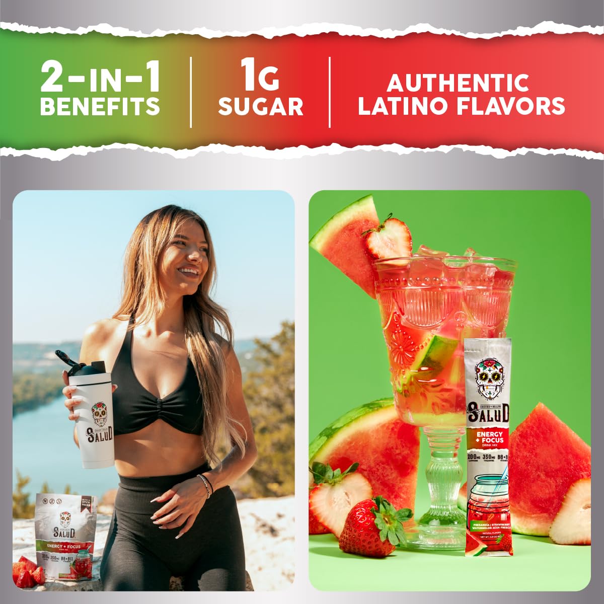 Salud 2-Pack |2-in-1 Energy + Focus (Cucumber Lime) & Energy + Focus (Strawberry Watermelon) – 15 Servings Each, Agua Fresca Drink Mix, Non-GMO, Gluten Free, Vegan, Low Calorie, 1g of Sugar