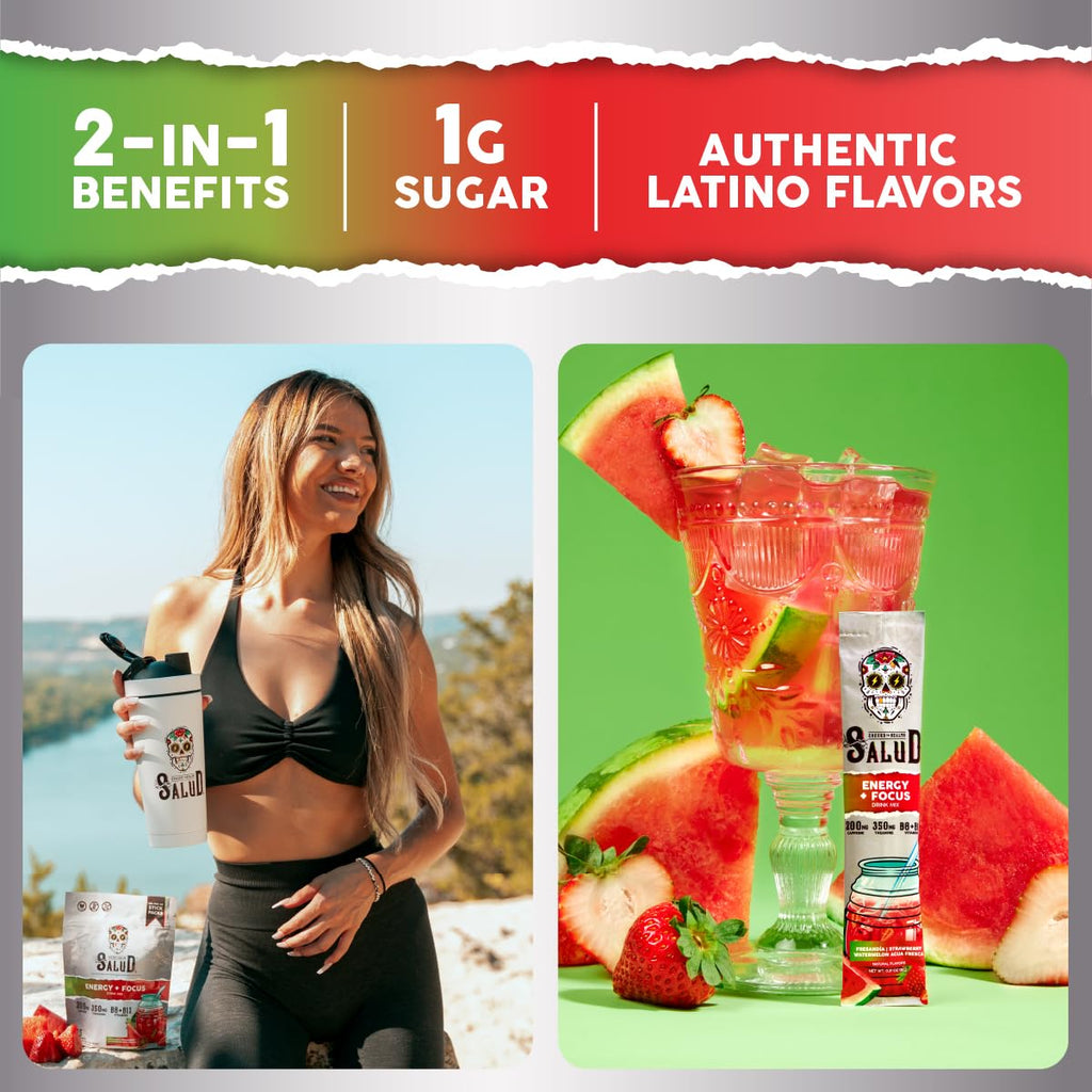 Salud 2-in-1 Energy + Focus Drink Mix, Hibiscus | Organic Caffeine, B6 + B12, Theanine, Clean Energy Packets, Agua Fresca Mix, Non-GMO, Gluten Free, 1g of Sugar (15 Servings)