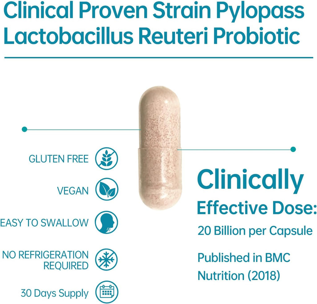 5-in-1 High Potency H. Pylori Probiotic, 1 Per Day - Supports Gastric Lining Integrity, Occasional Indigestion, Acid Comfort - Pylopass Lactobacillus Reuteri, Gluten Free, Vegan, 30ct, Made in Germany