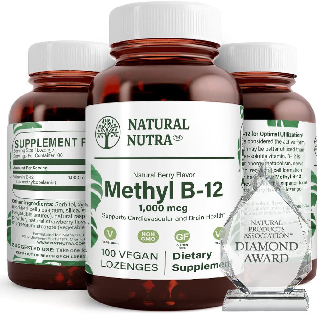 Natural Nutra Vegan Methyl B12 1000mcg, 100 Vegan Lozenges | Supports Cardiovascular & Brain Health, Energy Booster Supplement, Gluten-Free, Enhances Immune Response, Natural Berry Flvr