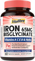 Vitalibre Iron Supplement for Women and Men, Iron Bisglycinate, 65mg Elemental Iron, Non-Constipating, with Vitamins C B6 B12 Folate & Beet Root, 60 Caps
