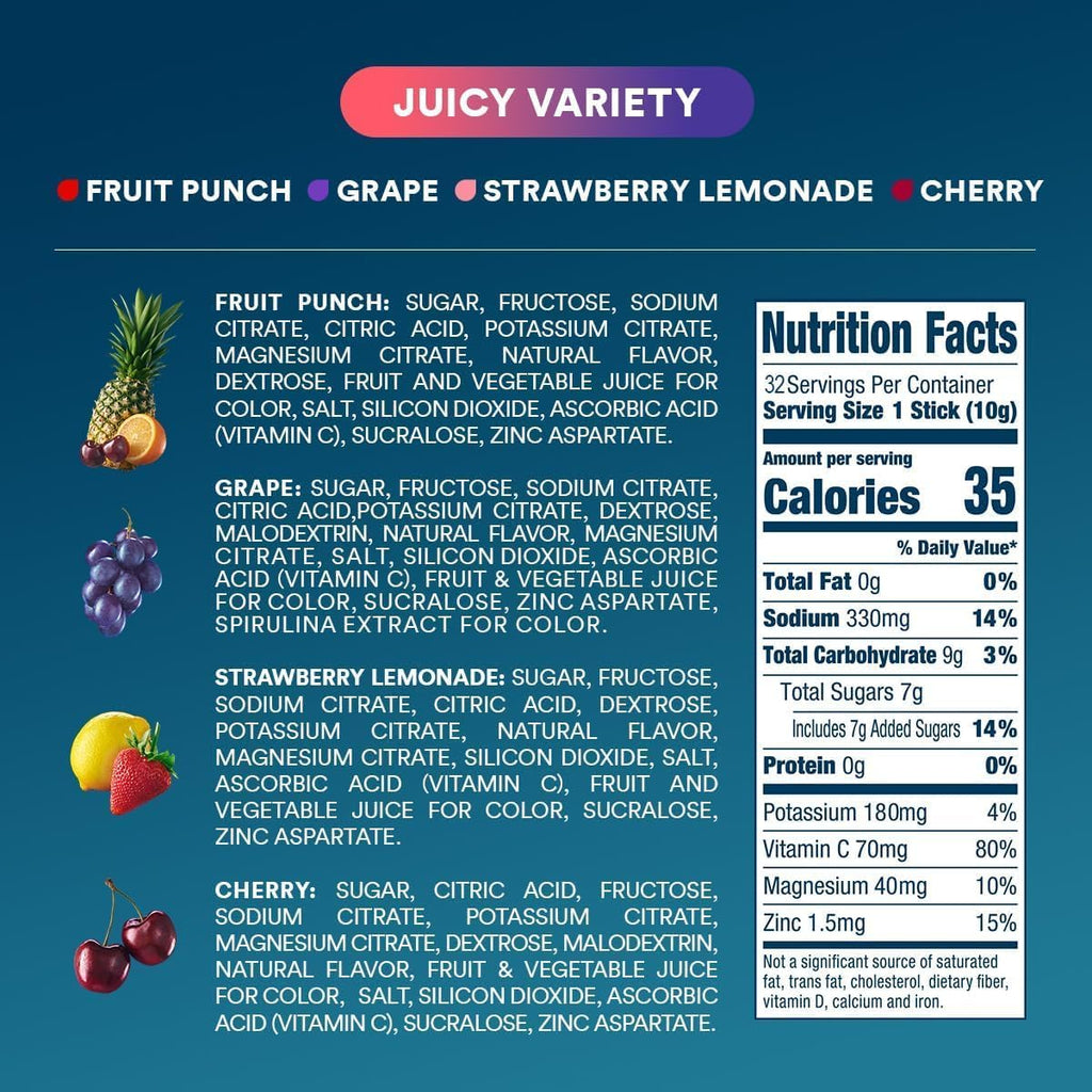 DripDrop Hydration Juicy Sunburst Variety Bundle Electrolyte Packets, 32 Ct | Grape, Fruit Punch, Strawberry Lemonade, Cherry, Lemon Lime, Strawberry, Peach, Black Cherry; Single Serve Powder Drink Mix