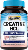 Vitalibre Creatine HCl Capsule, 750mg High Absorption Creatine Hydrochloride, Endurance, Strength, Fast Absorbing, No Load, No Bloat, Monohydrate Micronized Alternative, Once Daily, 90 Capsules