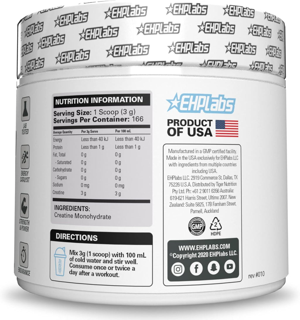 EHP Labs CREA-8 Creatine Monohydrate Powder, Unflavored, 100 Servings | Micronized Creatine For Muscle Growth, Strength & Energy. Mixes Easily, No Clumping. Pre Or Post Workout. 500g