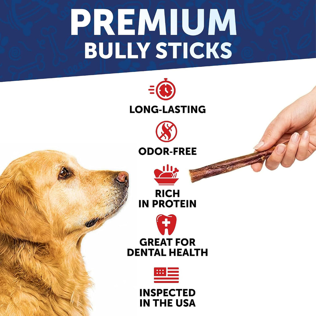 Premium Bully Sticks for Large Dogs - 6 Inch, 10 Bully Sticks - Odor free Natural Beef Pizzle, Long Lasting, Rawhide Free Dog Treats, Highly Digestible - For Dental Health, Training - For Large Breeds
