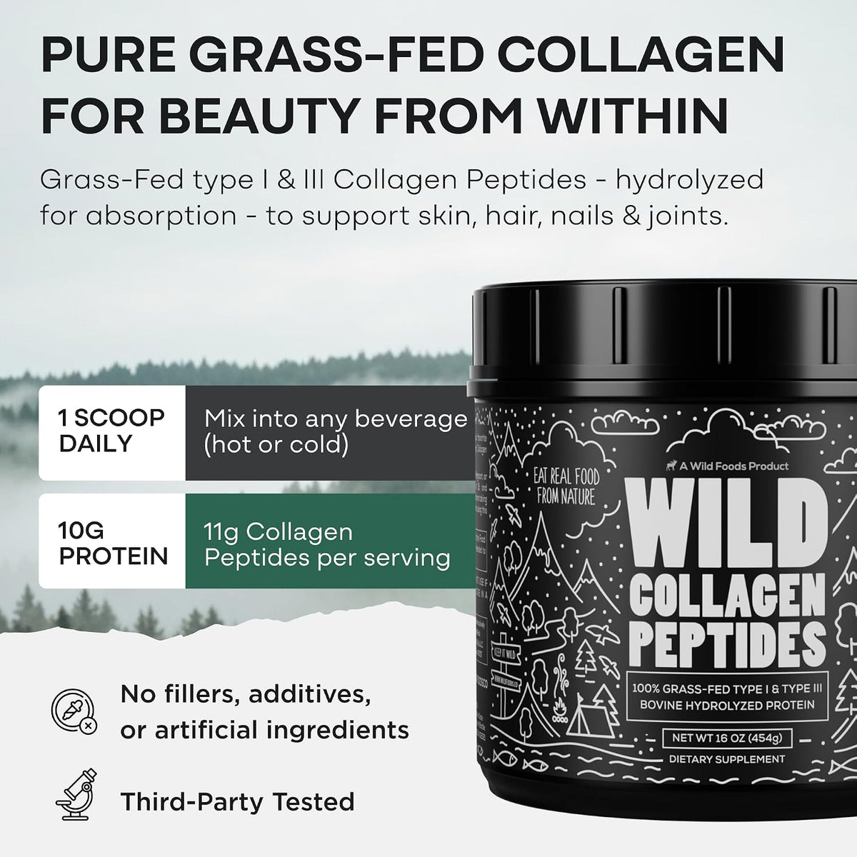 Wild Foods Collagen Peptides Powder – 16 oz Grass-Fed Hydrolyzed for Skin, Hair, Nails Support – Unflavored & Easy to Mix – Non-GMO, Made in USA Collagen Powder for Women and Men