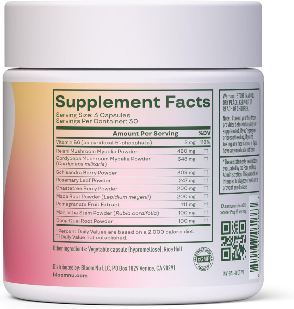 Bloom Nutrition Hormone Support Capsules for Women, Balance, 30 Servings | Cortisol Support, Menstrual Health, PMS Symptoms, Pomegranate Extract, Chaste Tree Berry & Dong Quai Root