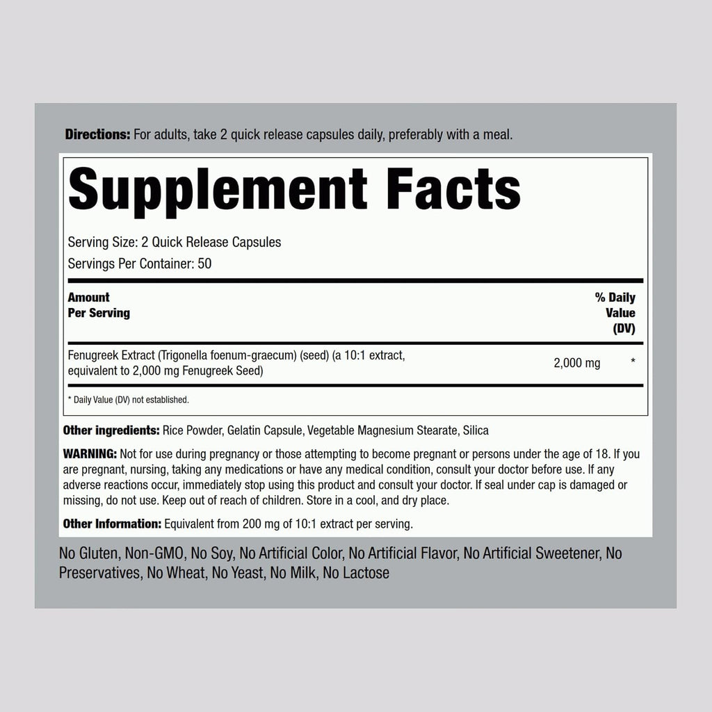 Piping Rock Fenugreek Capsules for Women | 100 Pills | Seed Extract Concentrate | Herbal Supplement | Non-GMO, Gluten Free