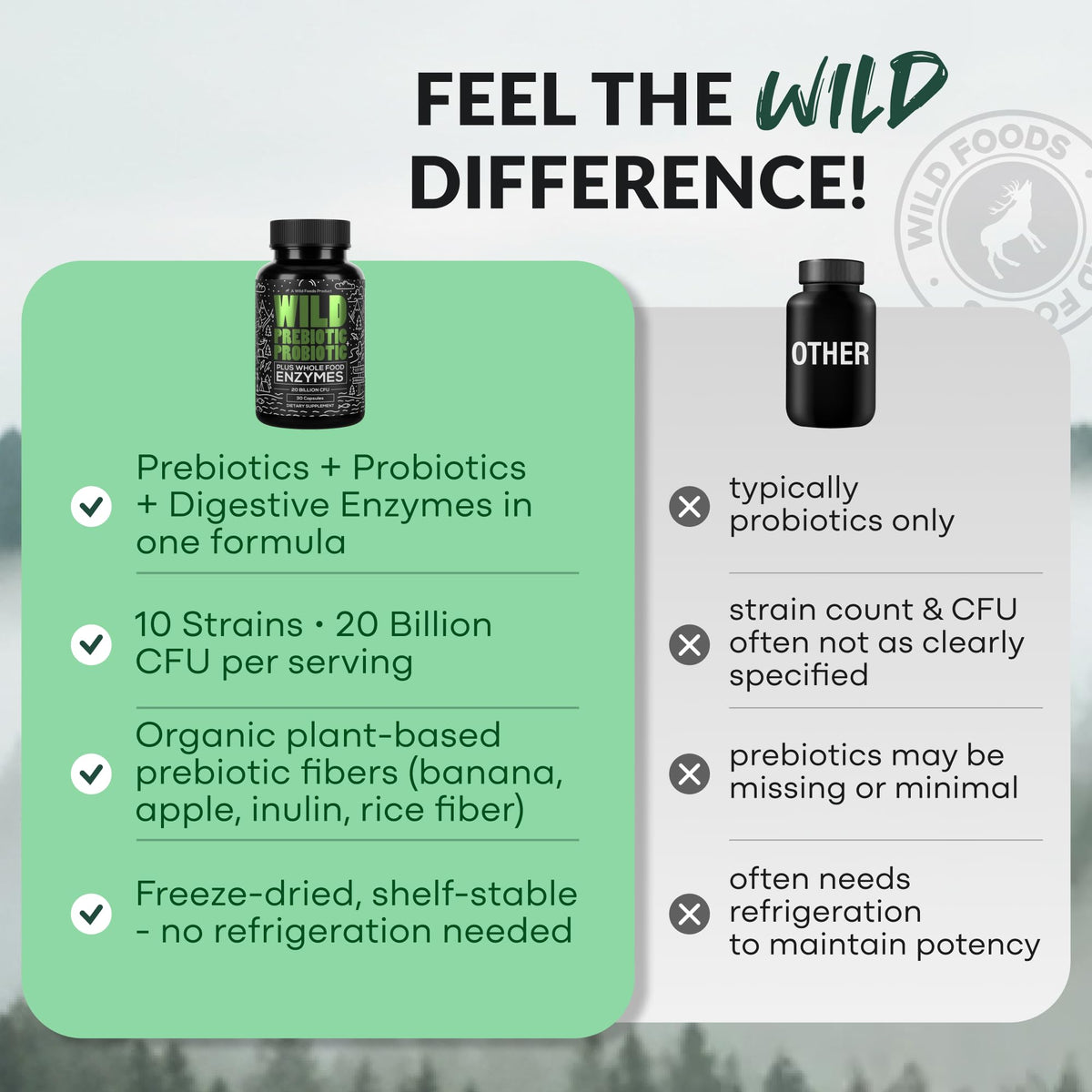 Wild Prebiotics and Probiotics with Digestive Enzymes | 20 Billion CFU - 10 Strains for Women & Men | Support Gut Health & Digestion Supplements | Non-GMO Prebiotic Fiber | 30 Count (Pack of 2)