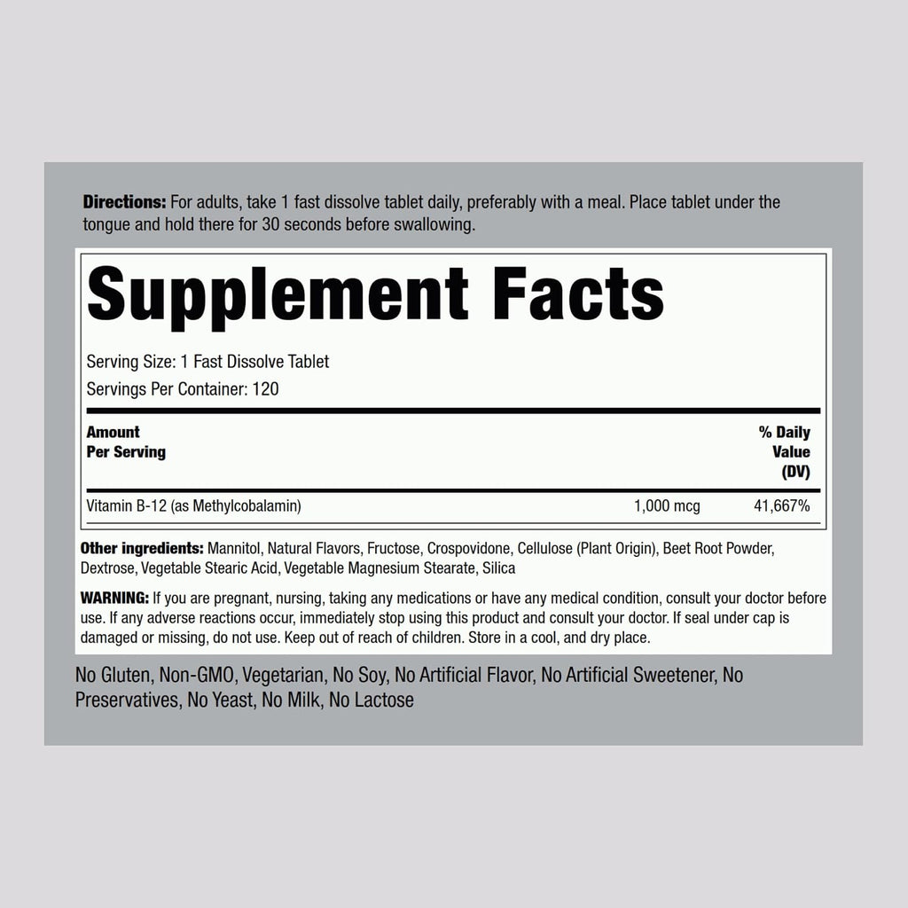 Piping Rock Vitamin B12 1000 mcg Sublingual | 120 Tablets | As Methylcobalamin | Berry Flavor | Vegetarian, Non-GMO, Gluten Free Supplement
