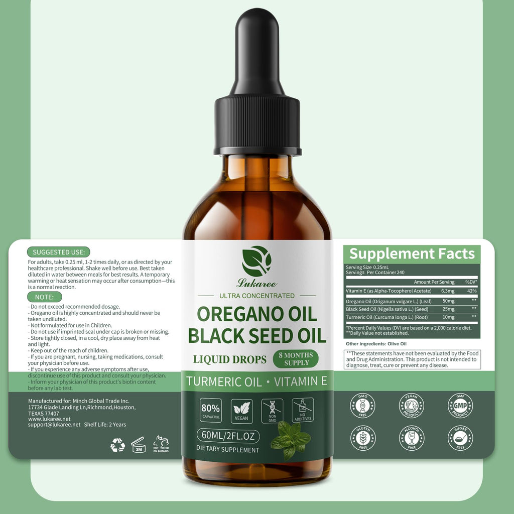 Oil of Oregano Drops with Black Seed Oil, 80% Carvacrol, 8 Month Supply | Immune, Digestive, Detox & Natural Cleanse for Humans*, Undiluted Oregano Oil with Turmeric Oil, Vitamin E & Olive Oil Based