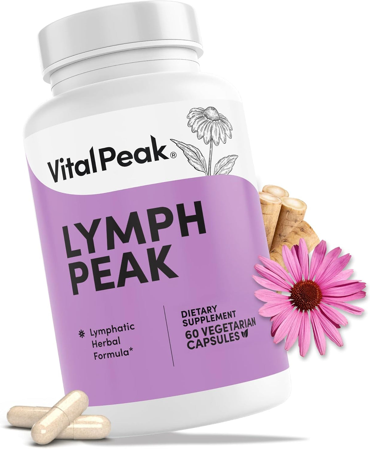 Lymph Peak, Lymphatic Drainage Supplements, Lymph System Support | Burdock Root, Echinacea Extract, Bromelain, Dandelion Extract, Vegan. 30 Days Supply. 60 Capsules