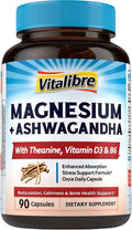 Vitalibre Magnesium Complex with Ashwagandha, L-Theanine & Vitamin D3, B6 | Stress Relief, Bone & Relaxation Support - w/ Magnesium Glycinate, Citrate, Malate, Taurate - Non-GMO, 90 Capsules