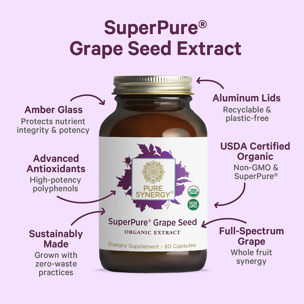 Pure Synergy SuperPure Grape Seed Extract | Organic Grape Seed Polyphenols Supplement with Whole Fruit | for Heart Health, Skin, and Healthy Aging Support (60 Capsules)