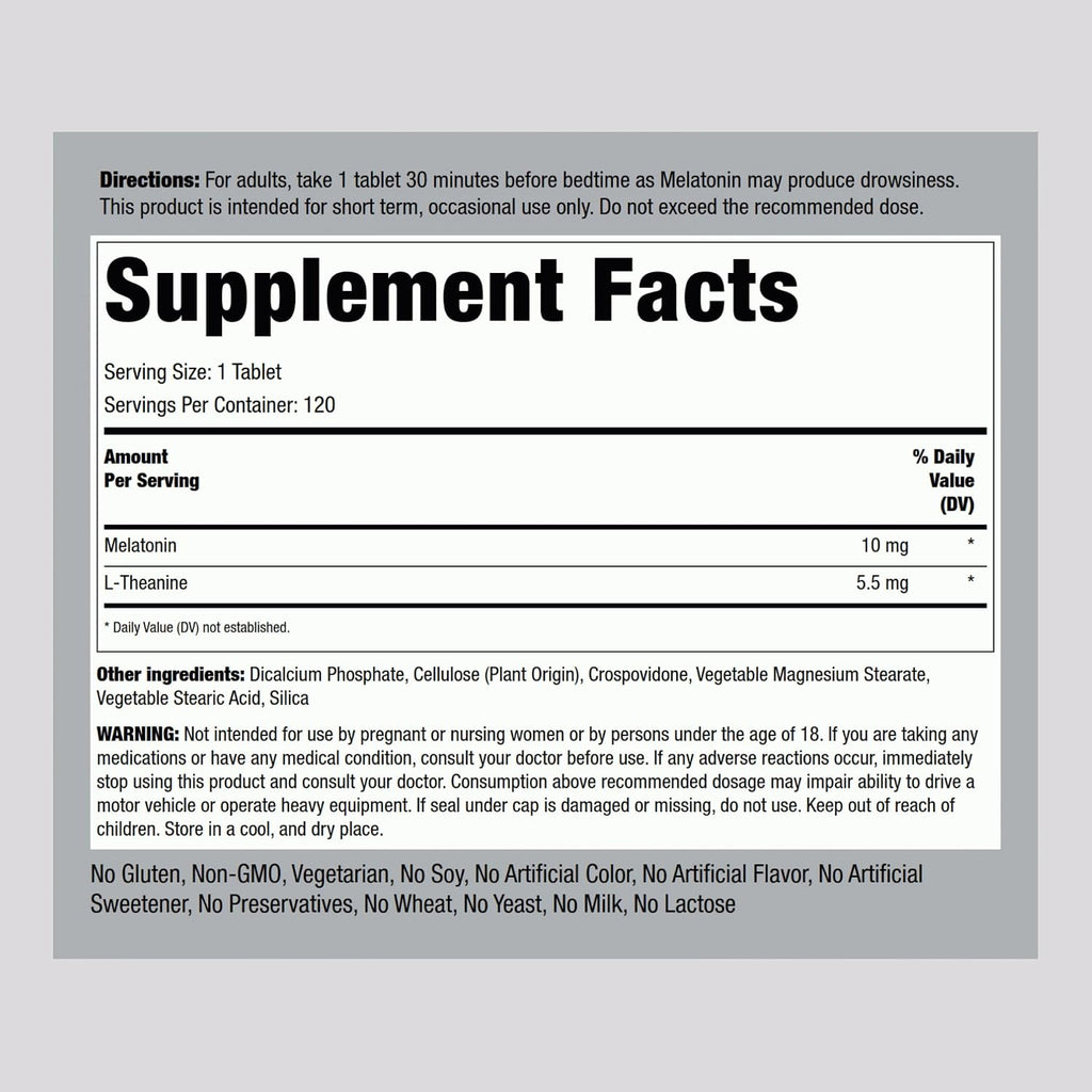 Piping Rock Melatonin 10mg | 120 Tablets | with L-Theanine | Adult Sleep Supplement | Extra Strength Formula | Vegetarian, Non-GMO, Gluten Free