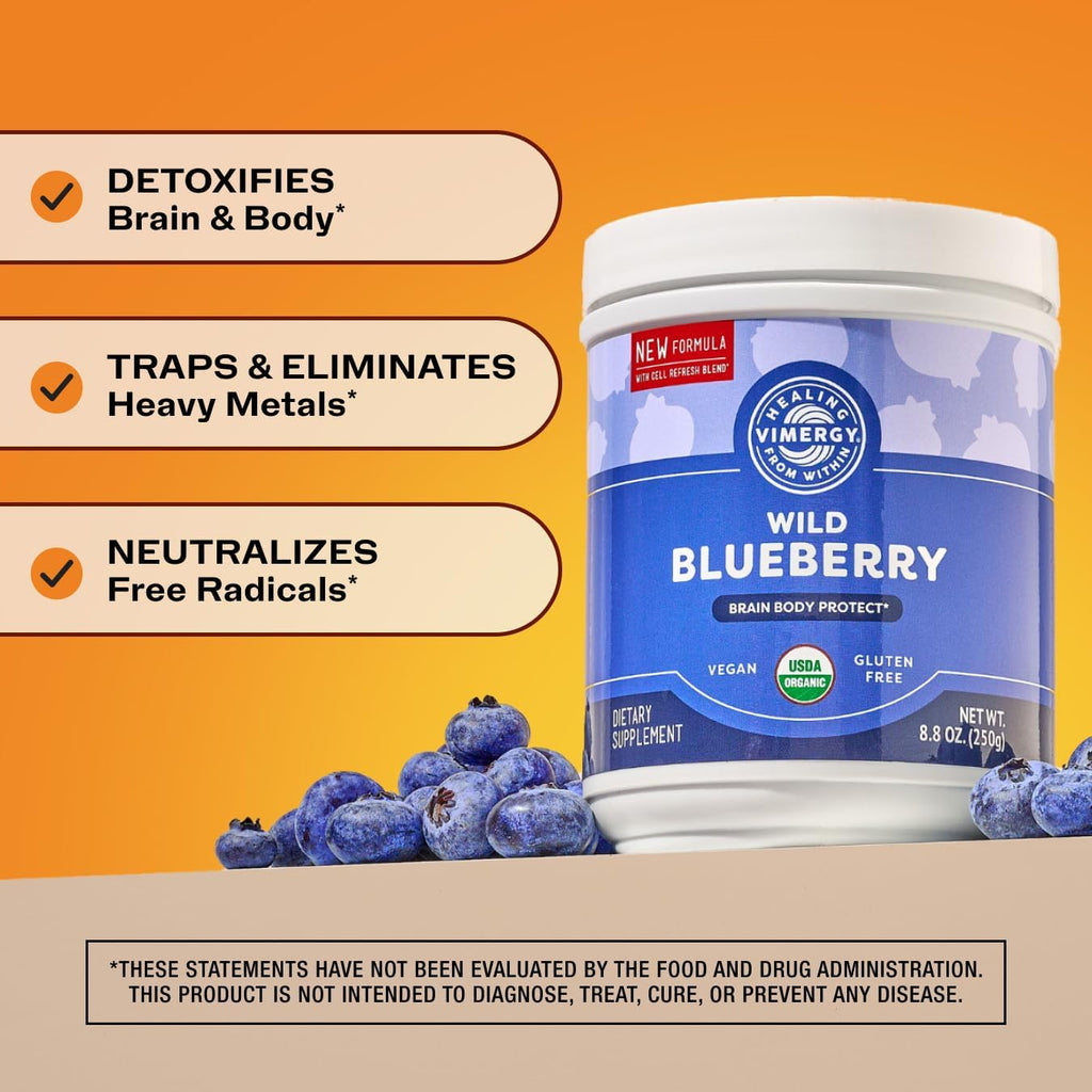 Vimergy Wild Blueberry Powder –Protects Brain Health* - Supports Cardiovascular Function* – USDA Organic, Vegan & Gluten-Free – 250g