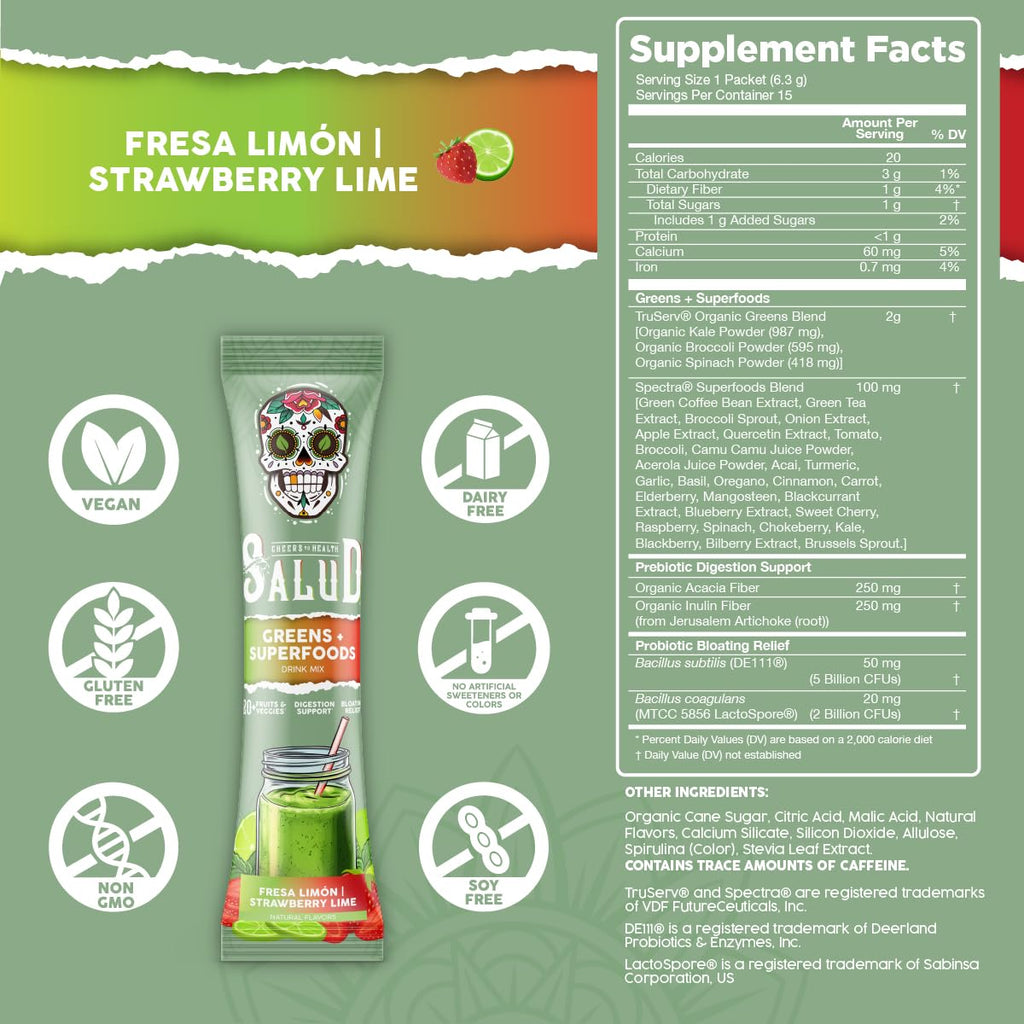 Salud 2-in-1 Greens Powder + Superfood Drink Mix, Strawberry Lime | 20+ Fruits and Veggies, Probiotics, Prebiotics, Supports Digestive Health, Bloating Relief, Vegan (15 Servings)