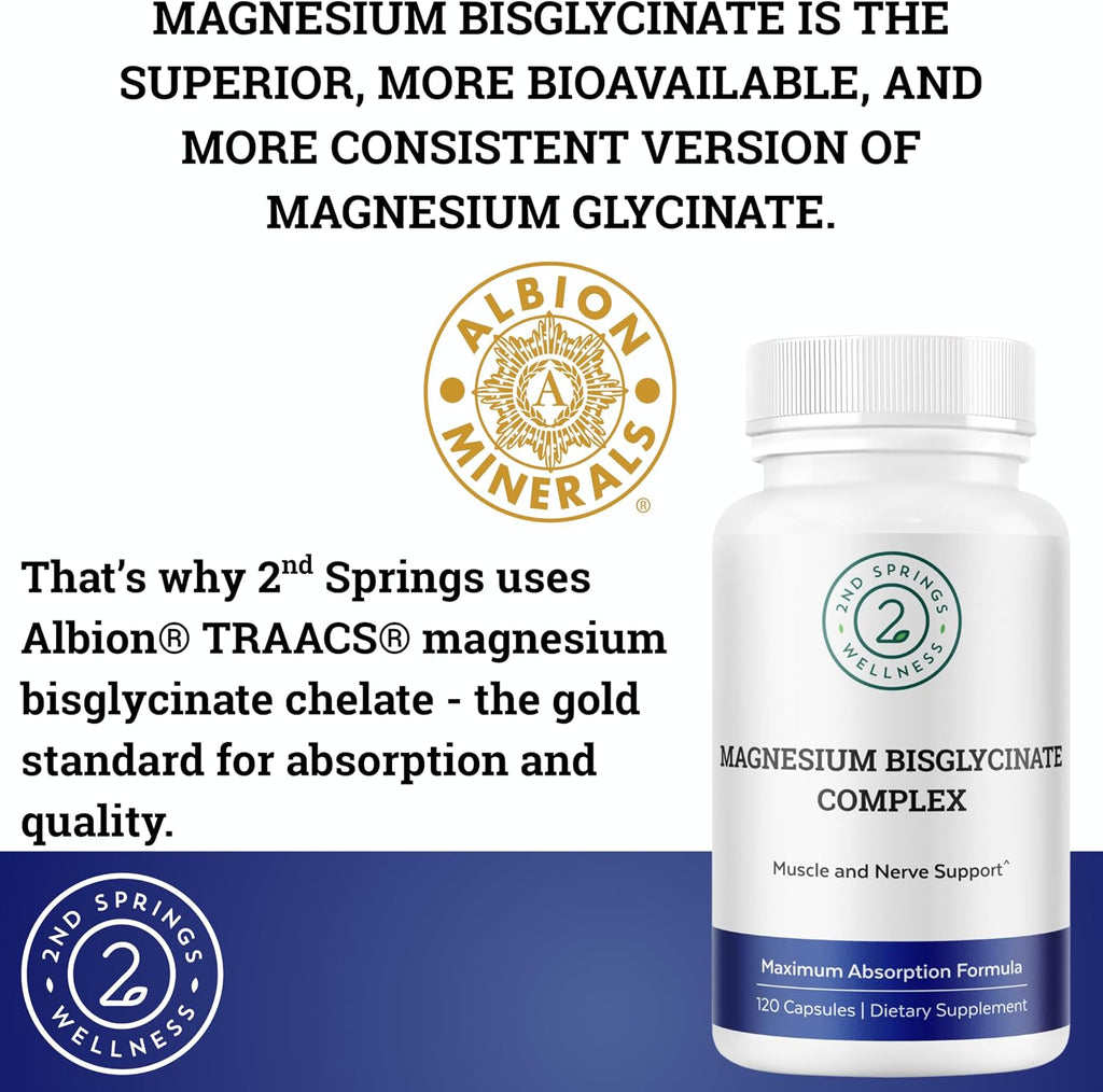 Magnesium Bisglycinate Complex 400mg Supplement | Albion TRAACS Chelated, Maximum Absorption, Gentle on Stomach, Highly Bioavailable, 120 Capsules