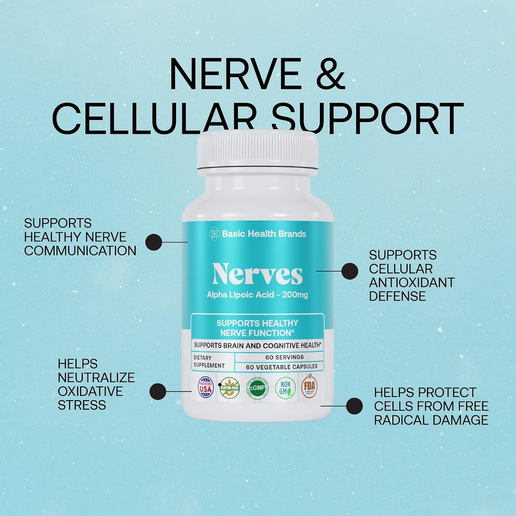 Basic Brands Nerves Alpha Lipoic Acid, 200 mg 1 Pack | Antioxidant, Immune Support, Eye Health Support, Heart Health Support, Nerve Health