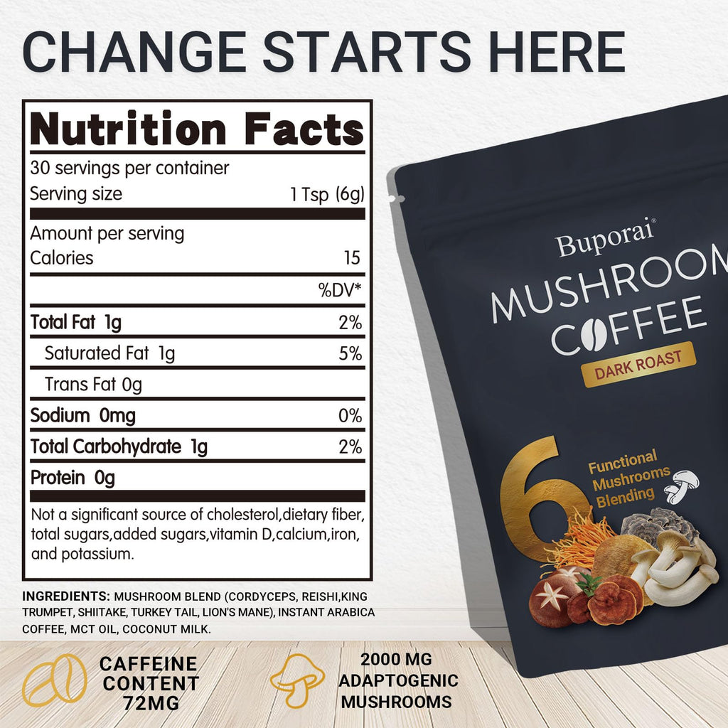 Mushroom Coffee, Instant Mushroom Coffee Organic with 6 Mushrooms Lion’s Mane, Cordyceps, Turkey Tail & Other for Energy, Focus, Digestion, Immunity, 35 Servings