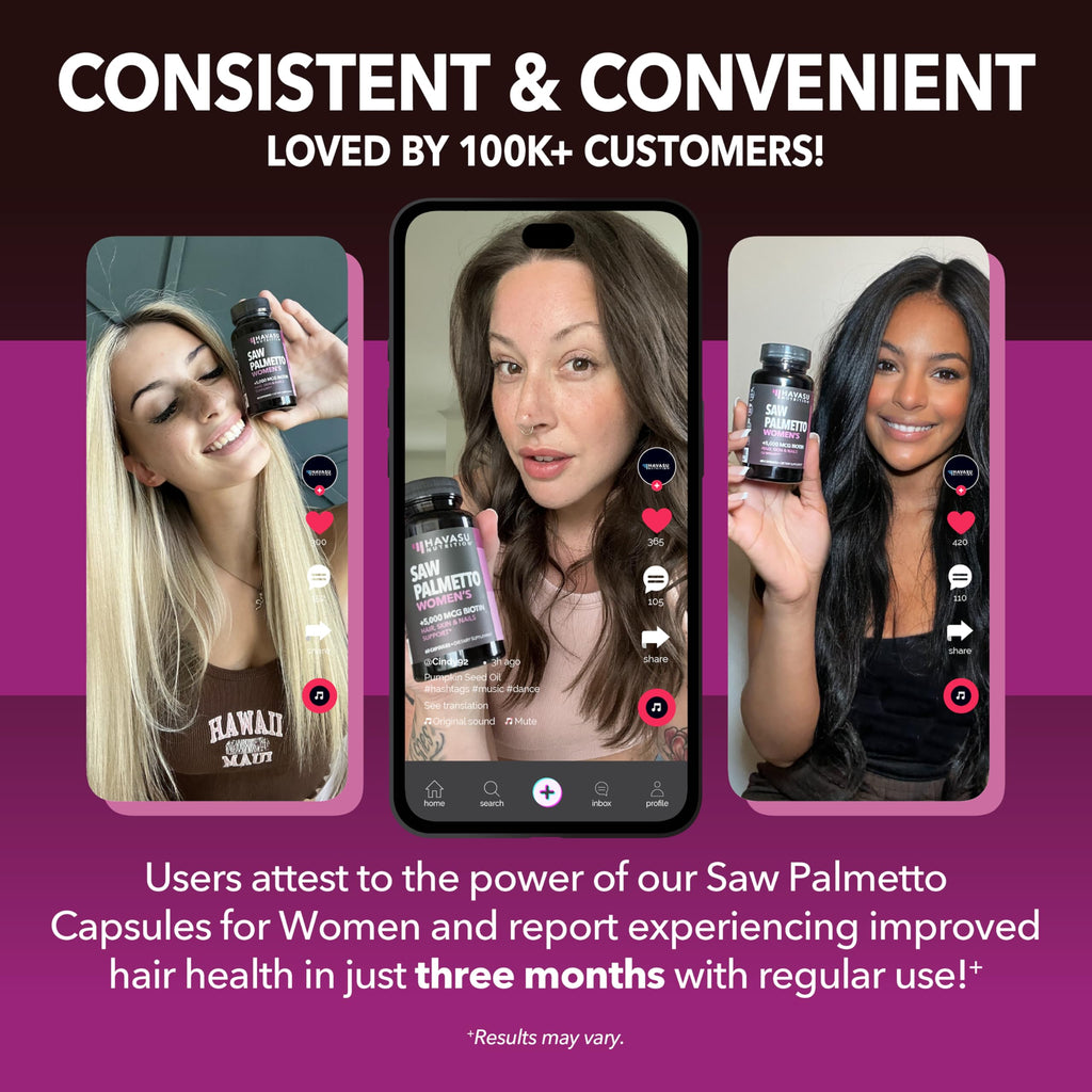 Saw Palmetto for Women with Bitoin 5000mcg Per Serving, 30-Day Supply | Vegan, Non-GMO DHT Blocker for Women for Hair, Skin and Nails, Saw Palmetto Extract with Biotin for Thicker Looking Hair