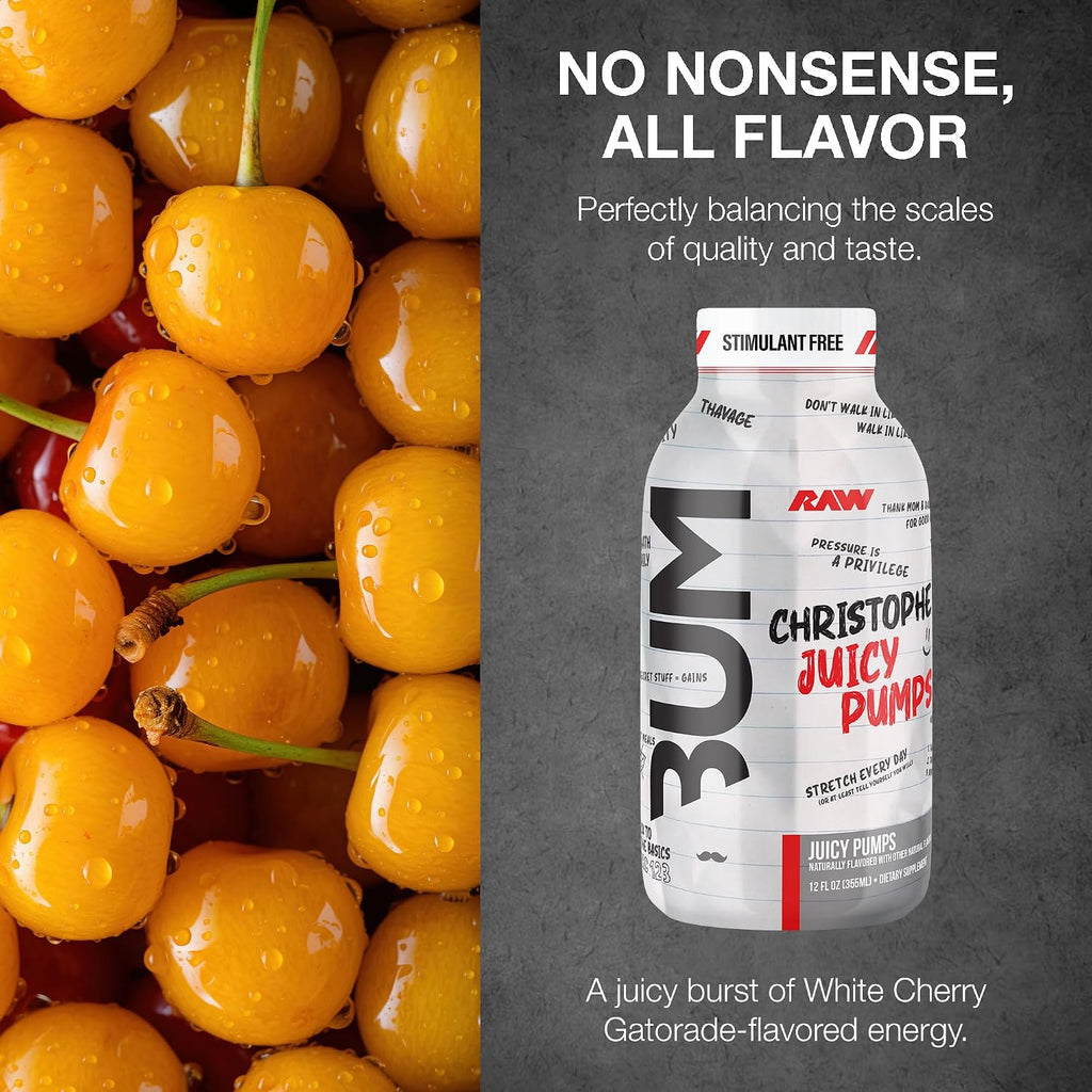 RAW Ready to Drink Pre-Workout Drink, Juicy Pumps (White Cherry) - Bum Pump RTD Zero-Sugar Energy Supplement Drink - Caffeine-Free & Sugar-Free Energy Drinks with L-Citrulline, 12 Fl Oz