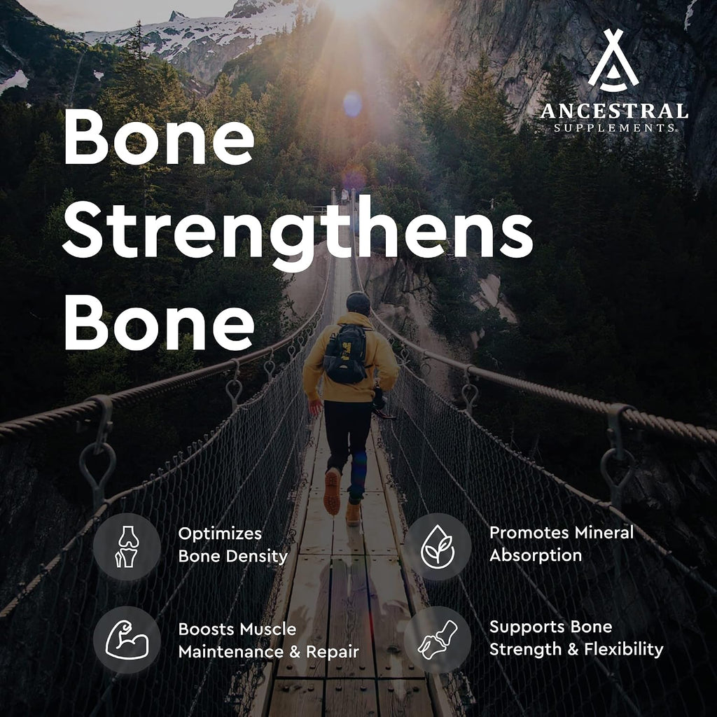 Ancestral Supplements Grass Fed Beef Living Bone Supplement, 180 Ct | Grassfed bone meal capsule supporting calcium and phosphorus absorption, bone, oral and joint health & flexibility.