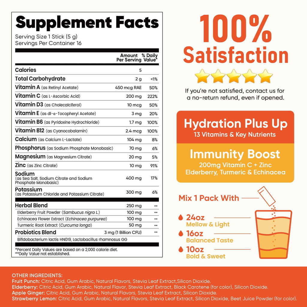 Venture Pal Sugar Free Hydration Packets+Immune-Liquid Daily IV Drink Mix | Electrolyte Powder with 7 Electrolytes & 6 Vitamins, Probiotics + Elderberry | Non-GMO, Keto Friendly, Vegan | 16 Sticks
