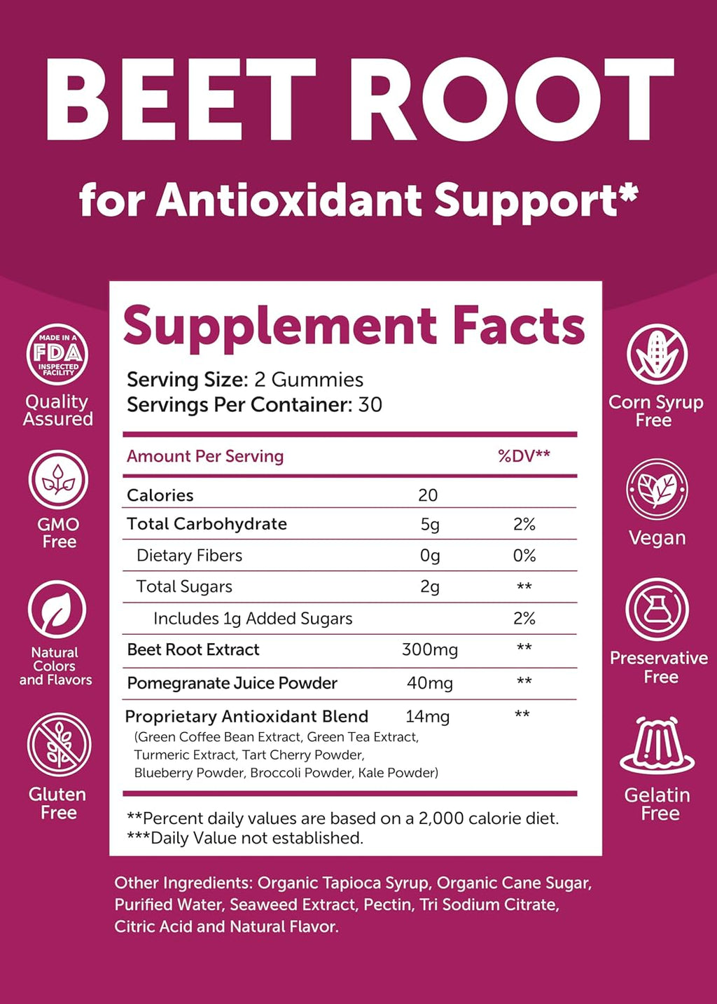 Lunakai USA Made Beet Root Gummies with 7-Antioxidant Blend - 4:1 Extract Non-GMO Vegan Beet Chews for Daily Natural Energy, Men & Women, 60ct