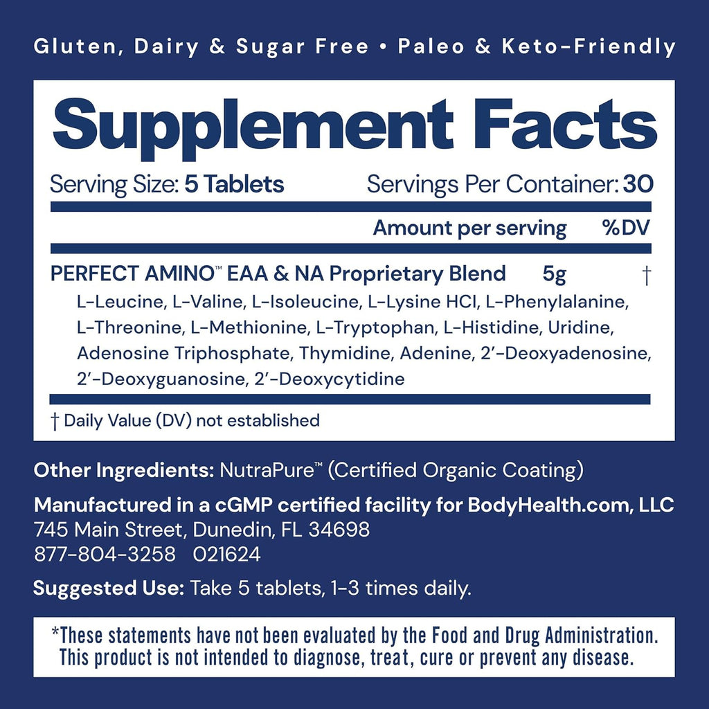 BodyHealth PerfectAmino (150 ct) Easy to Swallow Tablets, Essential Amino Acids Supplement with BCAAs, Vegan Protein for Pre/Post Workout & Muscle Recovery with Lysine, Tryptophan, Leucine, Methionine