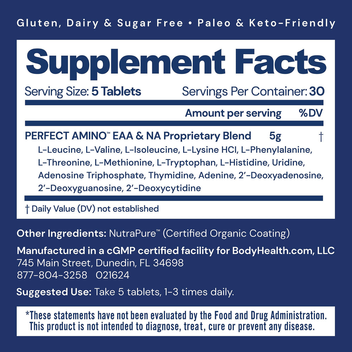 BodyHealth PerfectAmino (150 ct) Easy to Swallow Tablets, Essential Amino Acids Supplement with BCAAs, Vegan Protein for Pre/Post Workout & Muscle Recovery with Lysine, Tryptophan, Leucine, Methionine