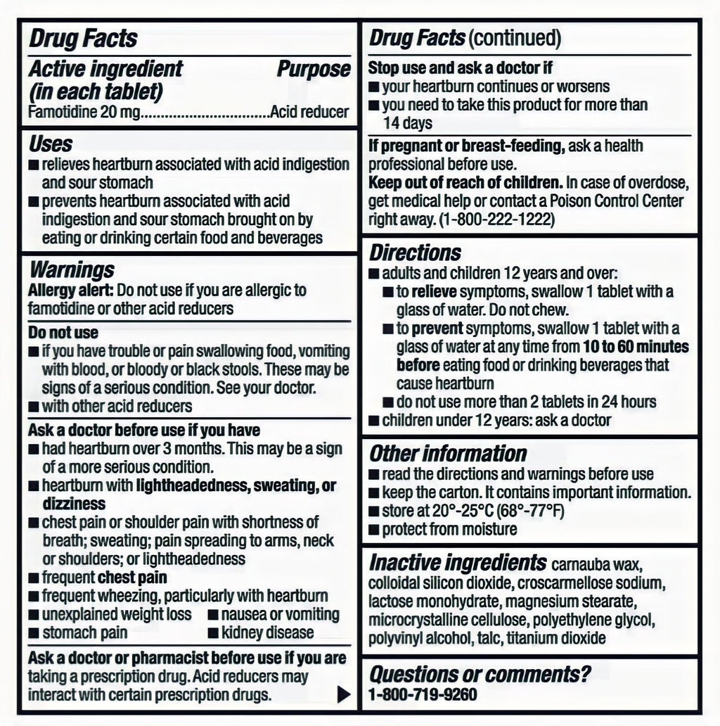 berkley jensen Maximum Strength Famotidine 20 mg, Acid Reducer Tablets, Relieves Meal-Induced Heartburn & Acid Indigestion Symptoms, All-Day Heartburn Prevention & Relief, 125 Count (Pack of 2)
