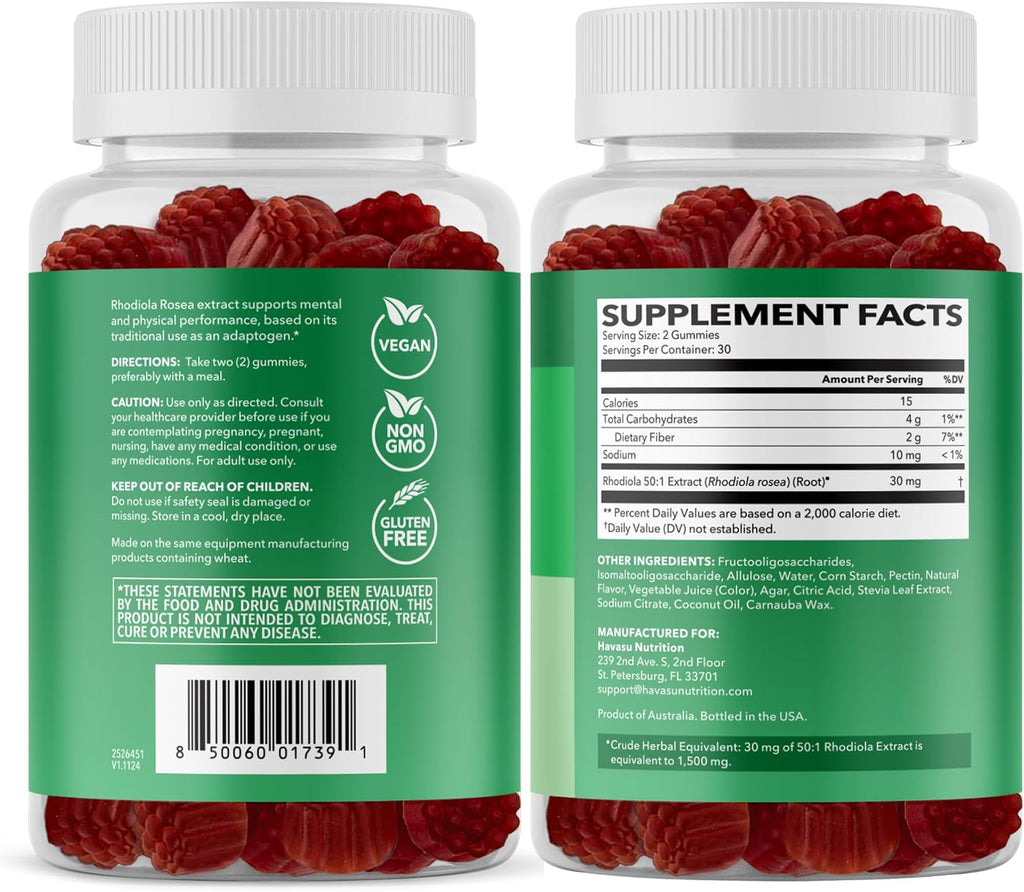 Rhodiola Rosea Gummies, Sugar Free Rhodiola Supplement, 30 Servings | Herbal Adaptogen for Mental Clarity and Performance, 60 Count, Vegan and Gluten-Free, Mixed Berry Flavor, 1-Month Supply