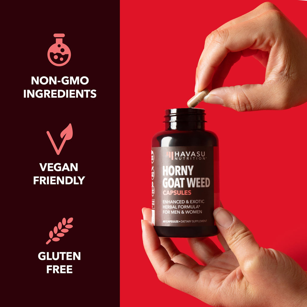 Horny Goat Weed with Maca, Tongkat Ali and Saw Palmetto, 30 Servings | Vegan, Non-GMO, Gluten free Horny Goat Weed Capsules for Men & Women, Extra Strength Performance, 60 Count, 1 Month Supply