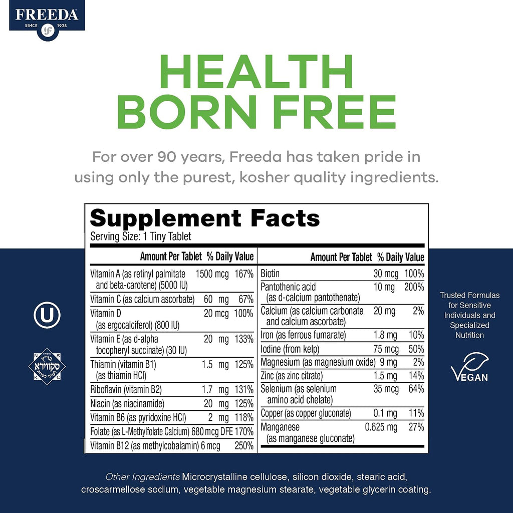 Freedavite Tiny Tablet - Moderate Multivitamin for Men and Women - Pure Vitamin A, C, D, E, B1, B2, B6, B12, Biotin, Calcium, Zinc, Iron, Magnesium, Manganese, Copper, Selenium, Iodine - 250 Count | Supports Energy, Immunity, Bone & Brain Health – 20 Esse