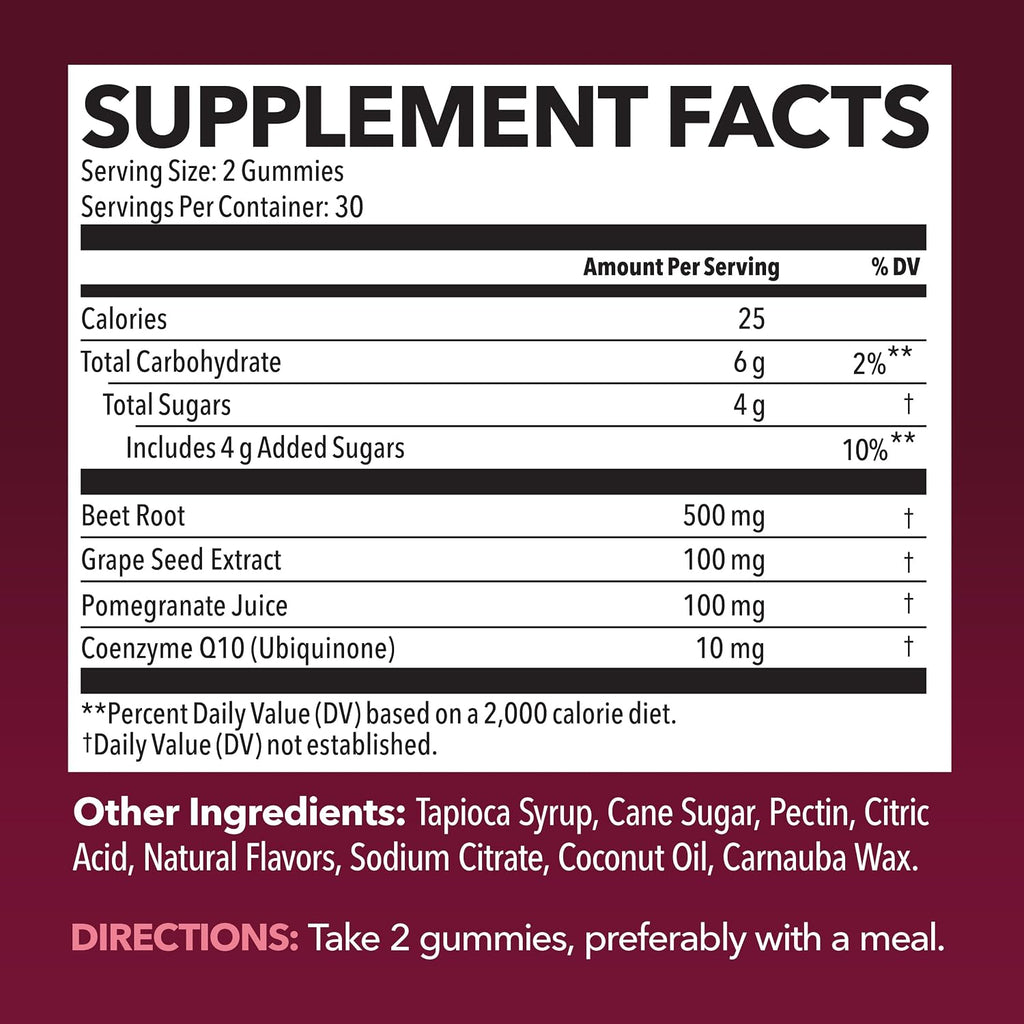 Beet Root Gummies with COQ10 and Grape Seed, Mixed Berry, 30 Servings | Nitric Oxide Supplement with Beetroot, Grape Seed Extract and COQ10 for Performance and Recovery, Vegan, Non-GMO, Gluten-Free