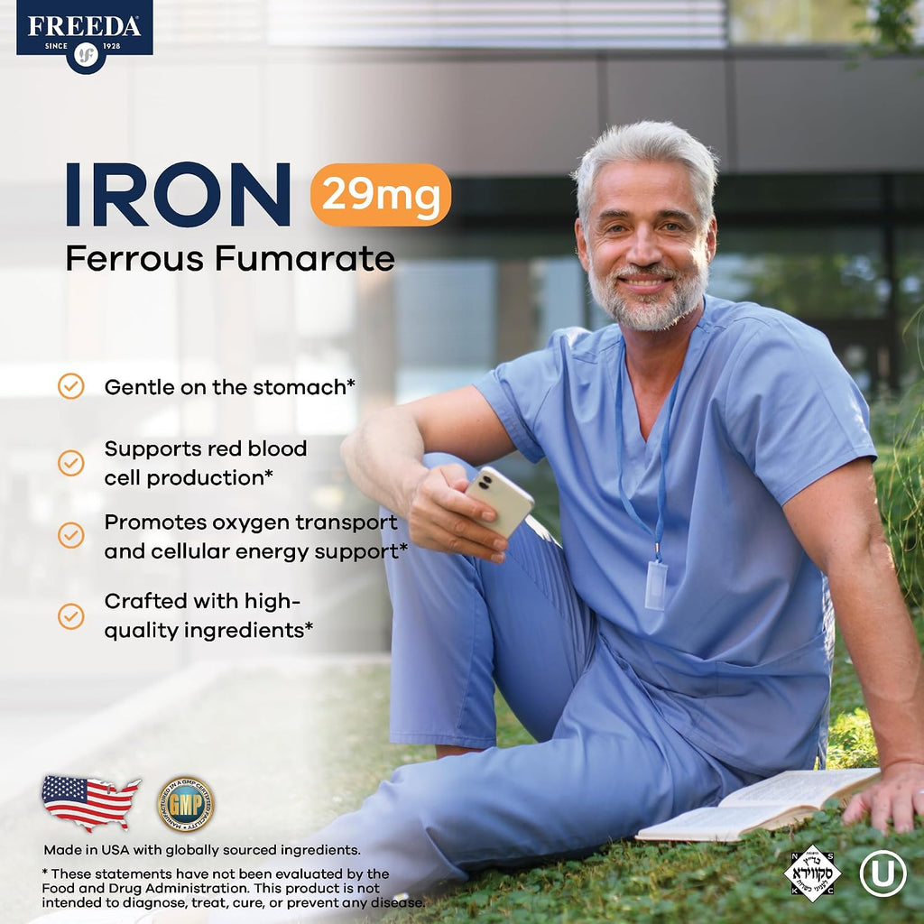 Freeda Iron Supplement - Ferrous Fumarate Iron Tablets | Gentle Ferrous Fumarate Iron Tablets - Support Energy & Red Blood Cells - Easy-To-Swallow - Kosher & Made In USA