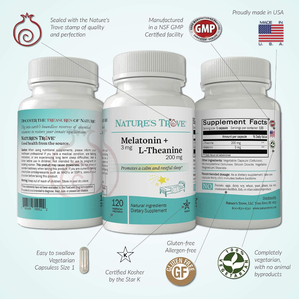 Nature's Trove Melatonin 3mg + L Theanine 200mg – Calm and Relaxation – 120 Kosher Vegetarian Capsules