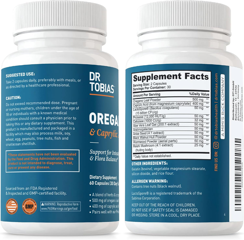Dr. Tobias Oregano & Caprylic Acid Blend 60 Capsules | Oregano Capsules | Gut Flora Balance Complex & Intestinal Support | Oregano + Caprylic Acid | Probiotics + Enzymes | 30 Servings