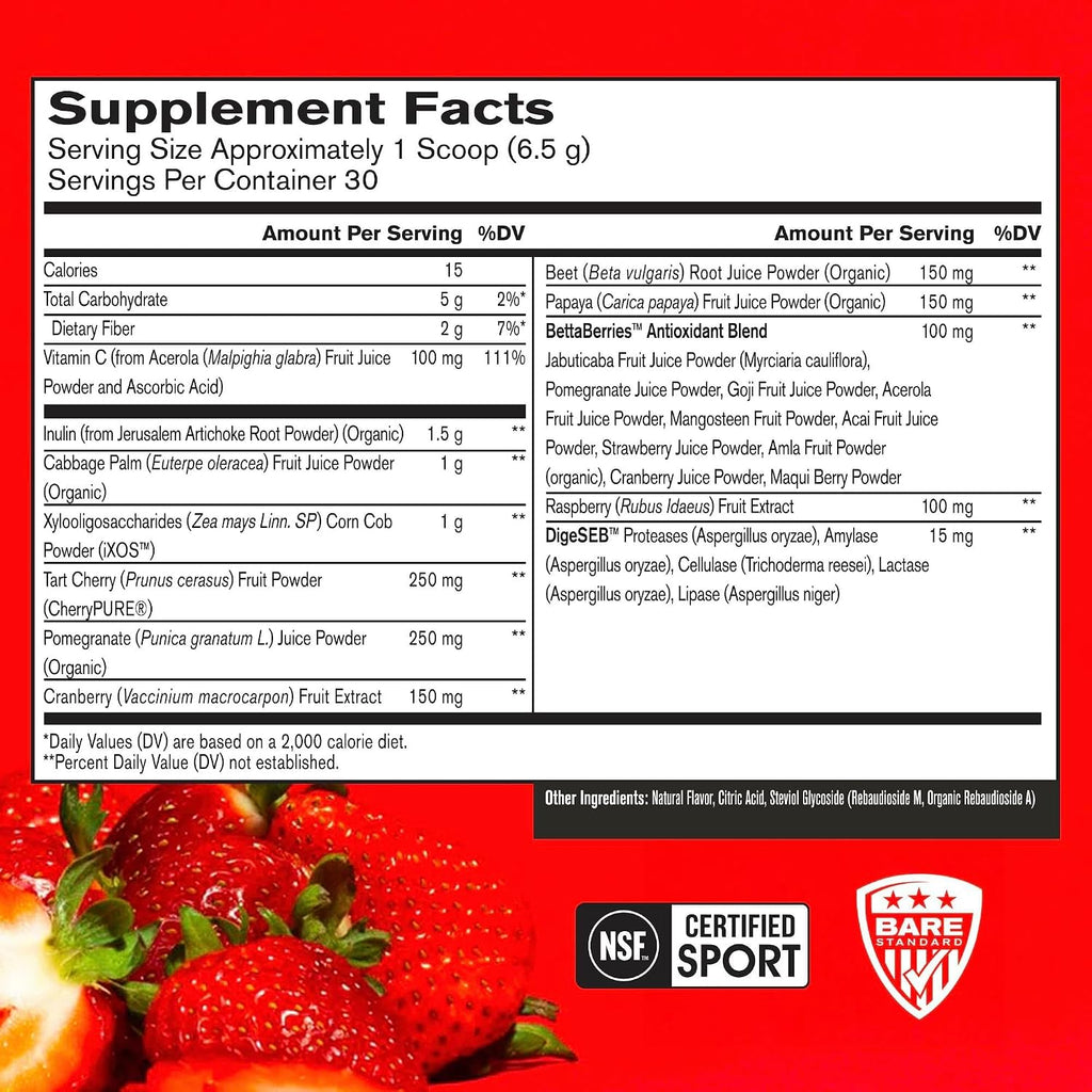 BARE PERFORMANCE NUTRITION, BPN Strong Reds Superfood Powder, Digestive Enzymes, Antioxidants, Improved Natural Energy, 30 Servings, Strawberry