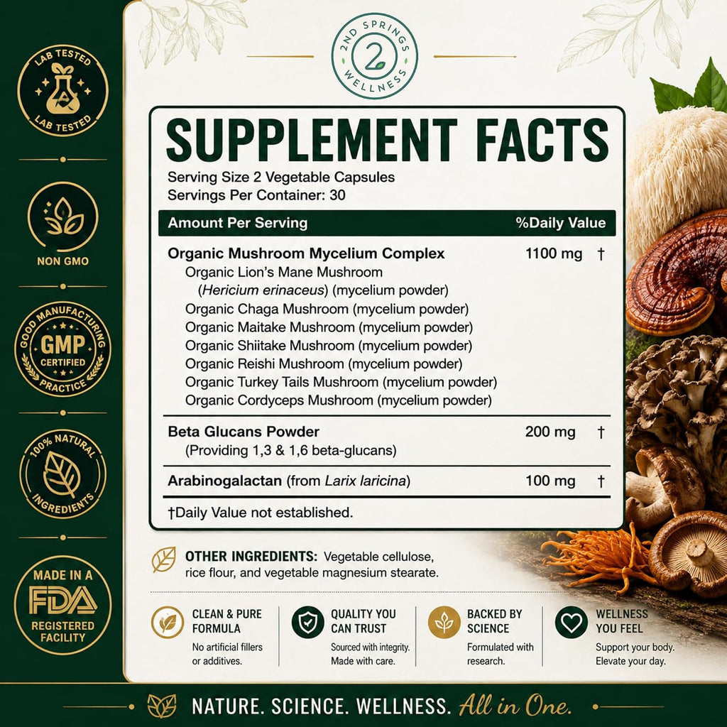 7 Organic Mushroom Complex - 7 Mushroom Supplement | Immune Support Nootropic & Adaptogenic, Lion's Mane, Chaga, Maitake, Shiitake, Reishi, Turkey Tails, Cordyceps, Capsules