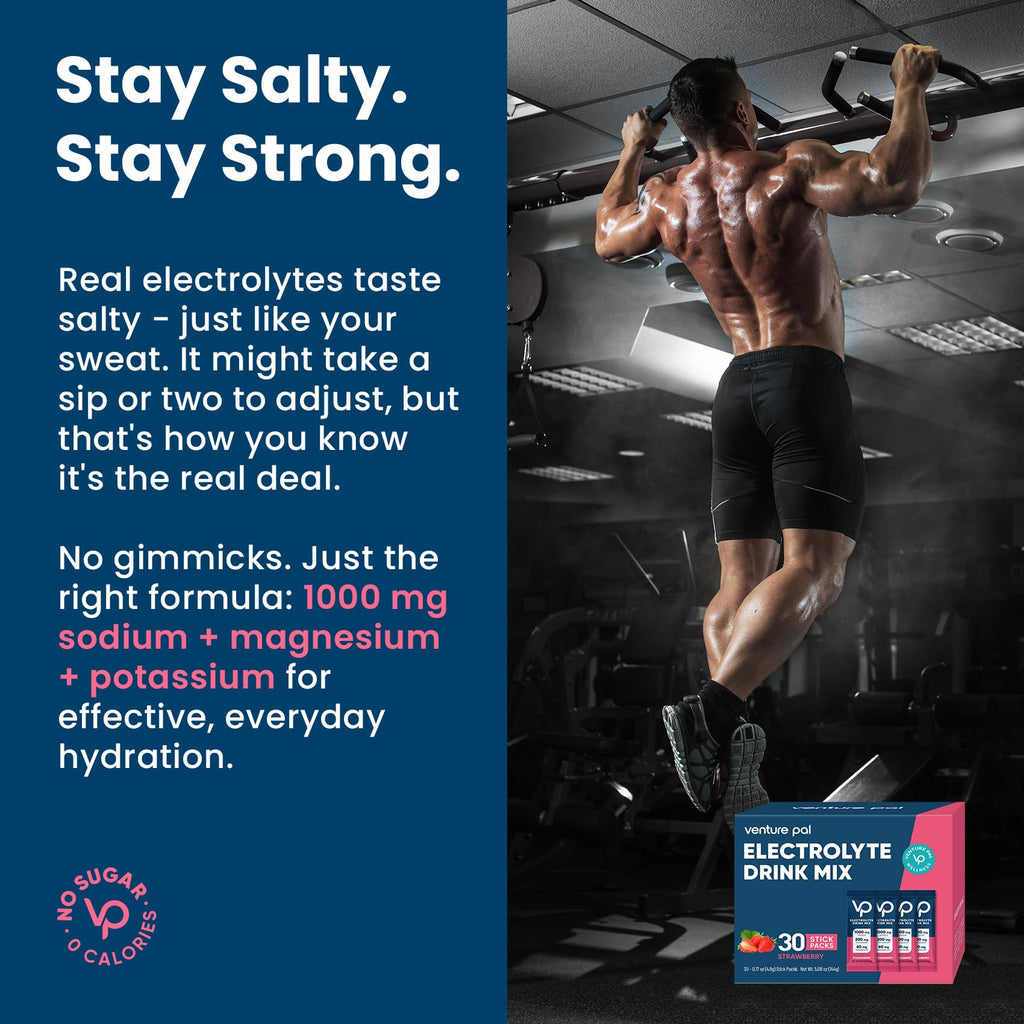 Venture Pal High Sodium Sugar Free Electrolytes Powder Packet, 16 Sticks | Hydration Packets with Vitamin, Sodium & Potassium, Zero Calories, Vegan, Keto & Paleo Friendly Electrolyte Drink Mix