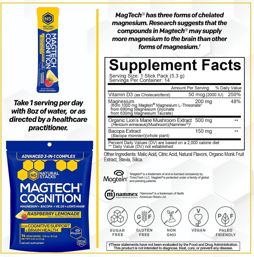 MagTech Magnesium Cognition Powder with Lions Mane and Bacopa, 14 Servings | Magtein L-Threonate, Glycinate and Taurate blend supports focus, mental clarity and brain health. Mix into water daily.