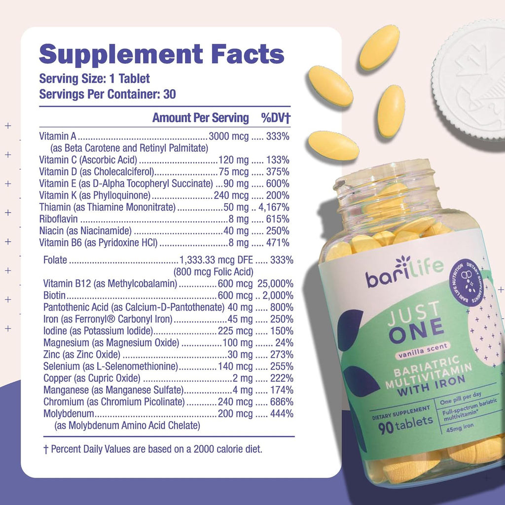 Bari Life Just One, Once Daily Bariatric Multivitamin with Iron (90 Tablets) and BariBurst Calcium Citrate Soft Chews for Gastric Bypass, Gastric Sleeve and Duodenal Switch (Fruit Punch)