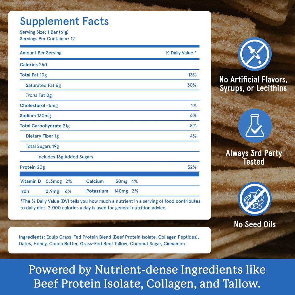 Equip Foods High Protein Prime Bars – Grass Fed Beef Protein, Collagen & Tallow – Gut Friendly, Gluten Free 20g Protein Bars - Only Real-Food Ingredients - Peanut Butter Chocolate, 12 Count