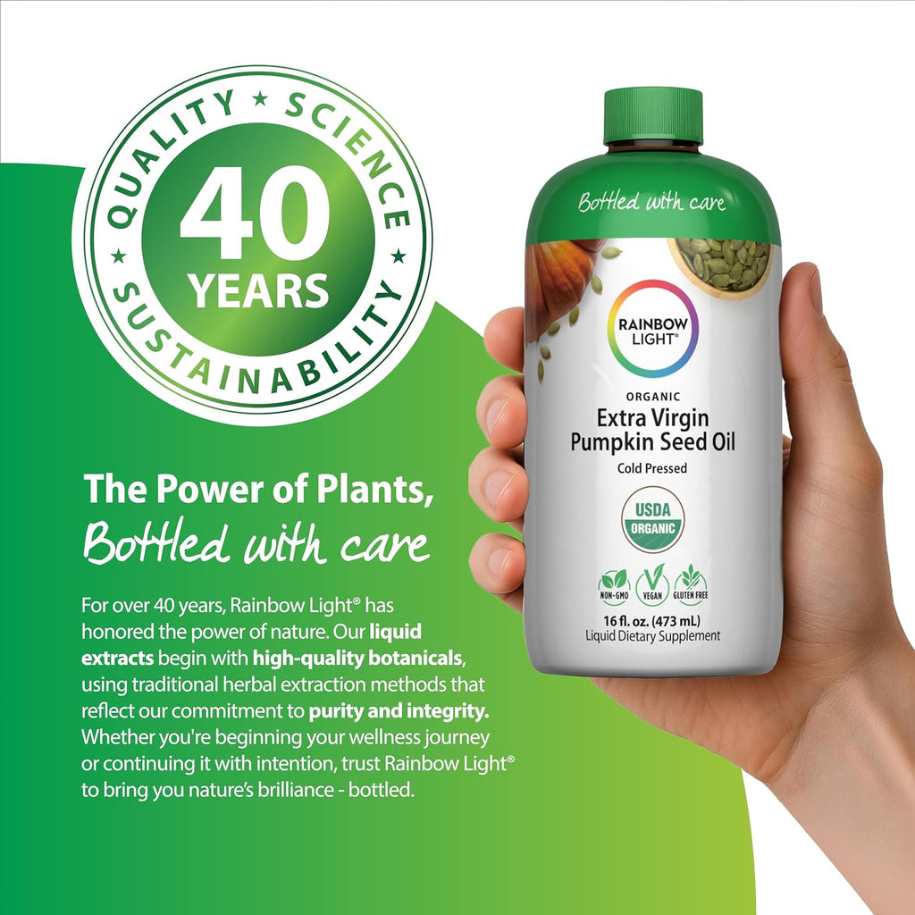 Rainbow Light Organic Extra Virgin Pumpkin Seed Oil | 16 Fl Oz | Cold Pressed Liquid Extract | Potent Source of Omega 6 and 9 Fatty Acids | Non-GMO and Gluten Free Supplement
